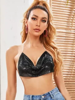 Sliver Clubwear Top Enticing V-Neck Sequins Sleeveless Backless Sequined Straps Halter Metal Sexy Top