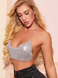 Sliver Clubwear Top Enticing V-Neck Sequins Sleeveless Backless Sequined Straps Halter Metal Sexy Top