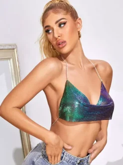 Sliver Clubwear Top Enticing V-Neck Sequins Sleeveless Backless Sequined Straps Halter Metal Sexy Top