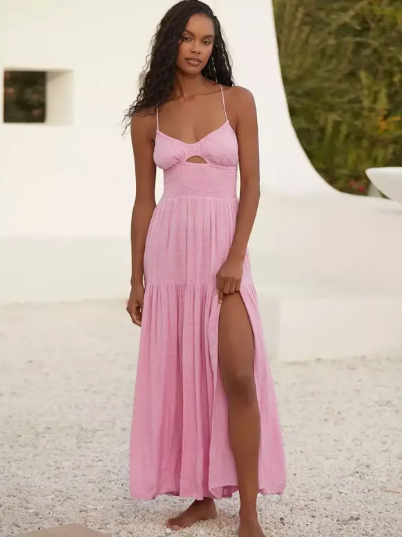 Smocked Backless Maxi Slip Dress For Women - Boho Cutout Front High Slit Sundress - Summer Beach Vacation 2026
