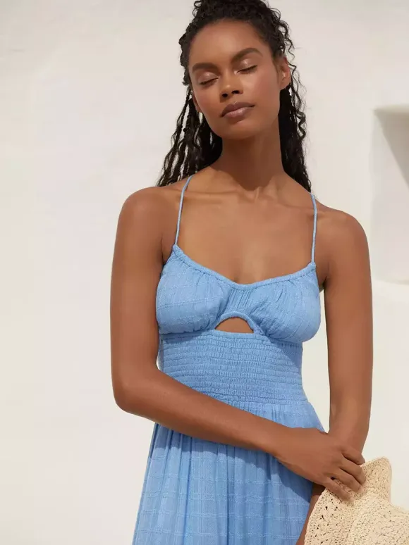 Smocked Backless Maxi Slip Dress For Women - Boho Cutout Front High Slit Sundress - Summer Beach Vacation 2026