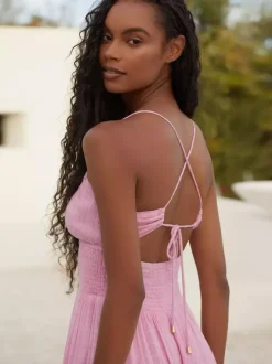Smocked Backless Maxi Slip Dress For Women - Boho Cutout Front High Slit Sundress - Summer Beach Vacation 2026
