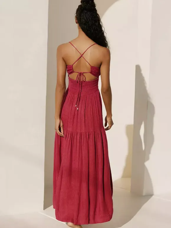 Smocked Backless Maxi Slip Dress For Women - Boho Cutout Front High Slit Sundress - Summer Beach Vacation 2026