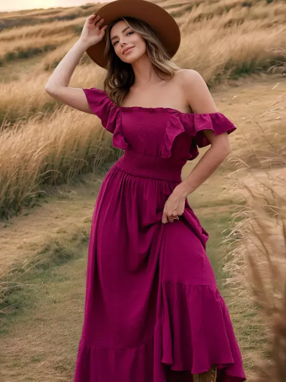 Smocked Waist Maxi Boho Dress for Women - Flutter Sleeve Square Neck Tiered Ruffle Flowy Gown - Summer Beach Sundress 2026
