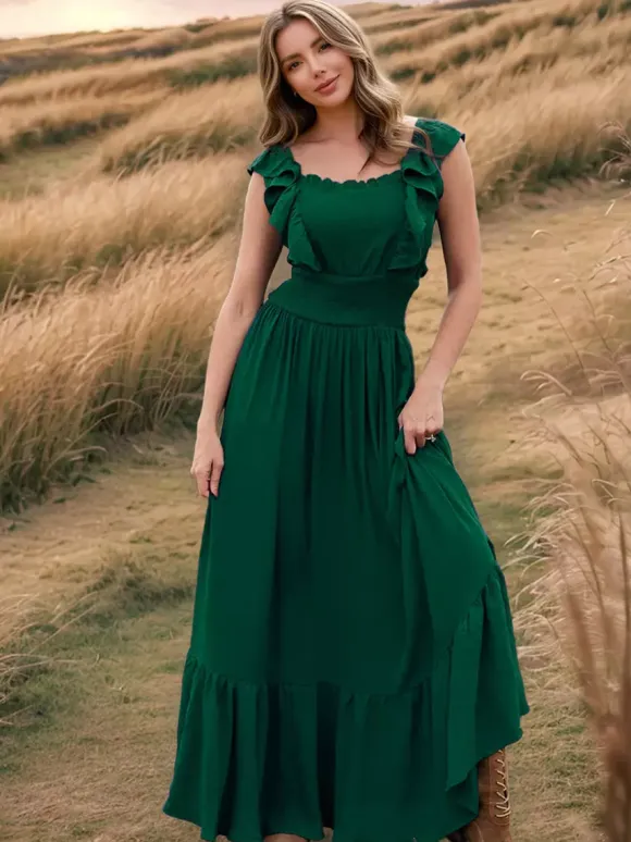 Smocked Waist Maxi Boho Dress for Women - Flutter Sleeve Square Neck Tiered Ruffle Flowy Gown - Summer Beach Sundress 2026