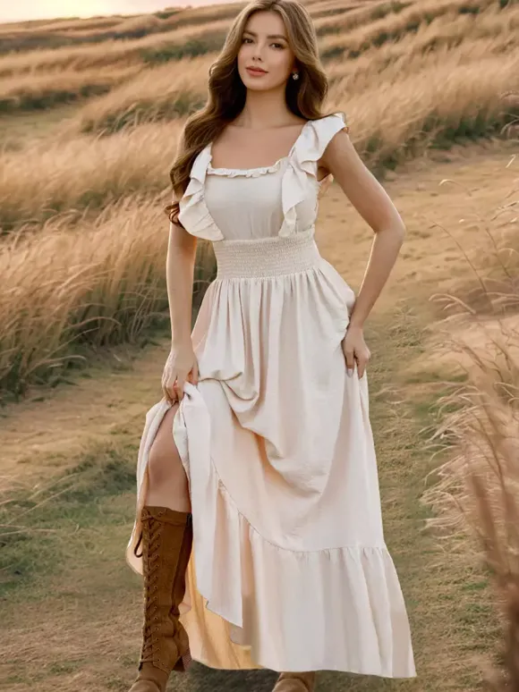 Smocked Waist Maxi Boho Dress for Women - Flutter Sleeve Square Neck Tiered Ruffle Flowy Gown - Summer Beach Sundress 2026
