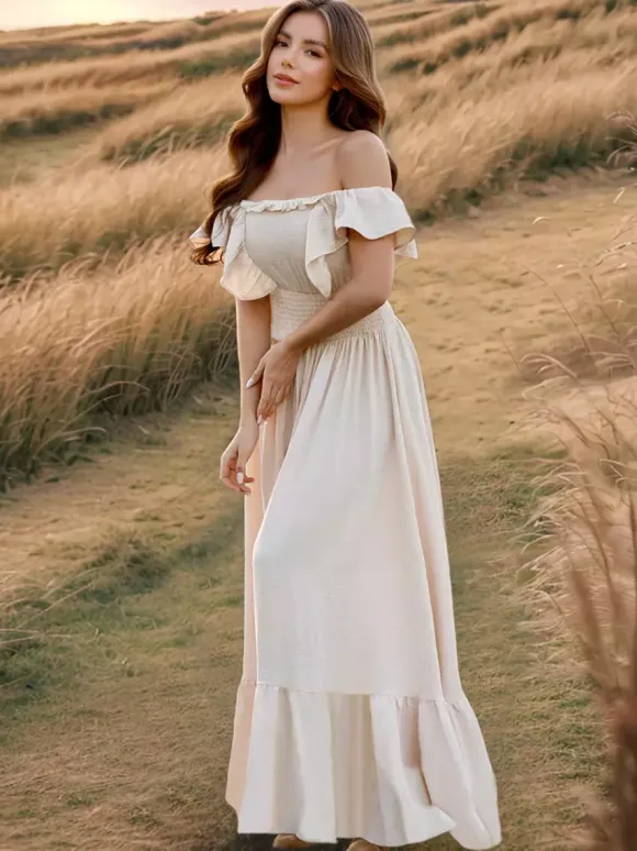 Smocked Waist Maxi Boho Dress for Women - Flutter Sleeve Square Neck Tiered Ruffle Flowy Gown - Summer Beach Sundress 2026