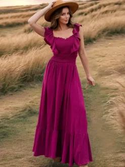 Smocked Waist Maxi Boho Dress for Women - Flutter Sleeve Square Neck Tiered Ruffle Flowy Gown - Summer Beach Sundress 2026