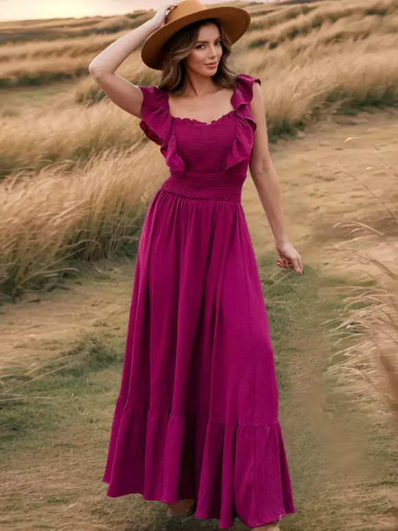 Smocked Waist Maxi Boho Dress for Women - Flutter Sleeve Square Neck Tiered Ruffle Flowy Gown - Summer Beach Sundress 2026