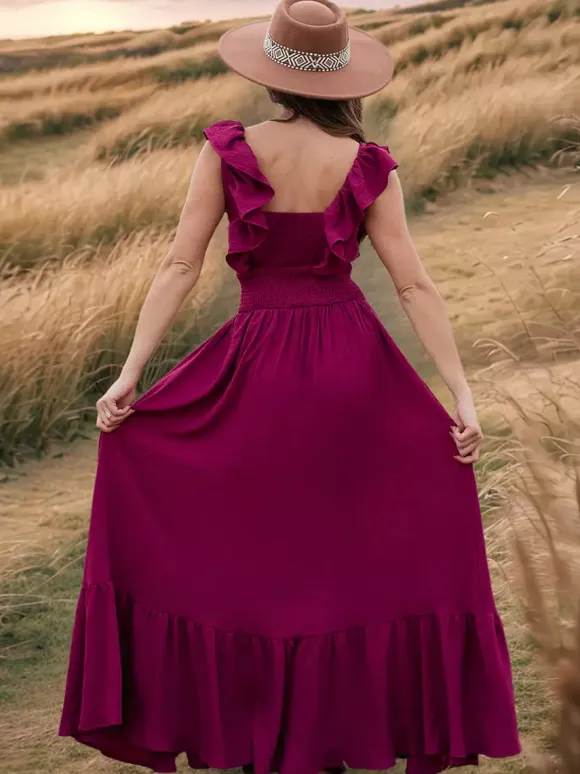 Smocked Waist Maxi Boho Dress for Women - Flutter Sleeve Square Neck Tiered Ruffle Flowy Gown - Summer Beach Sundress 2026