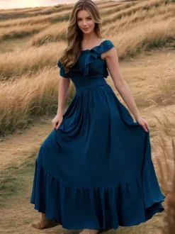 Smocked Waist Maxi Boho Dress for Women - Flutter Sleeve Square Neck Tiered Ruffle Flowy Gown - Summer Beach Sundress 2026