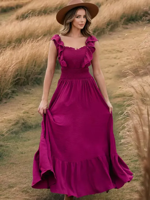 Smocked Waist Maxi Boho Dress for Women - Flutter Sleeve Square Neck Tiered Ruffle Flowy Gown - Summer Beach Sundress 2026