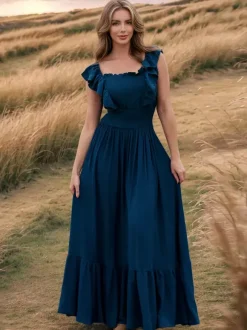 Smocked Waist Maxi Boho Dress for Women - Flutter Sleeve Square Neck Tiered Ruffle Flowy Gown - Summer Beach Sundress 2026