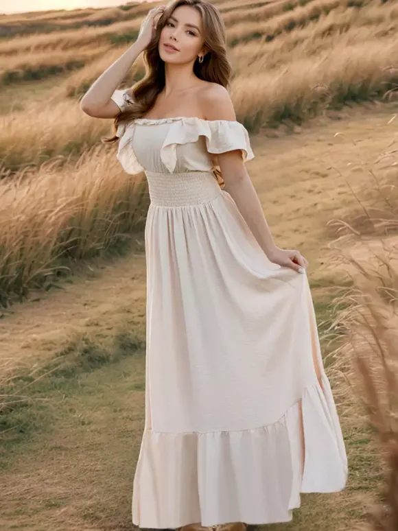 Smocked Waist Maxi Boho Dress for Women - Flutter Sleeve Square Neck Tiered Ruffle Flowy Gown - Summer Beach Sundress 2026