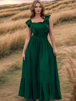 Smocked Waist Maxi Boho Dress for Women - Flutter Sleeve Square Neck Tiered Ruffle Flowy Gown - Summer Beach Sundress 2026