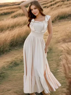 Smocked Waist Maxi Boho Dress for Women - Flutter Sleeve Square Neck Tiered Ruffle Flowy Gown - Summer Beach Sundress 2026