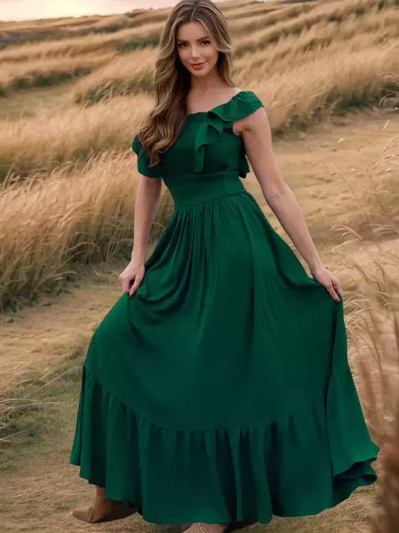 Smocked Waist Maxi Boho Dress for Women - Flutter Sleeve Square Neck Tiered Ruffle Flowy Gown - Summer Beach Sundress 2026