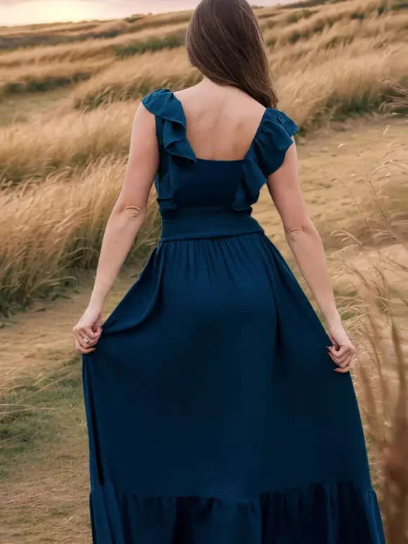 Smocked Waist Maxi Boho Dress for Women - Flutter Sleeve Square Neck Tiered Ruffle Flowy Gown - Summer Beach Sundress 2026