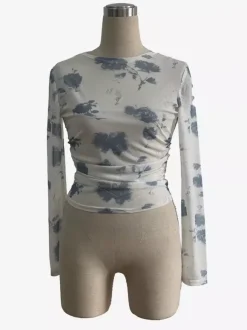 Smoky Floral Print Ruched Side Slim Fit Long Sleeve Skinny Top For Women 2026