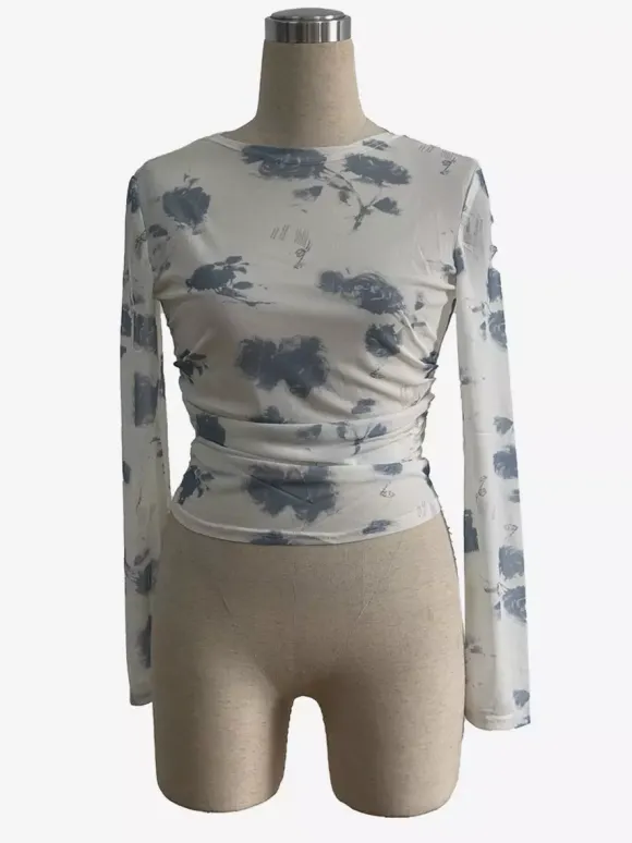 Smoky Floral Print Ruched Side Slim Fit Long Sleeve Skinny Top For Women 2026