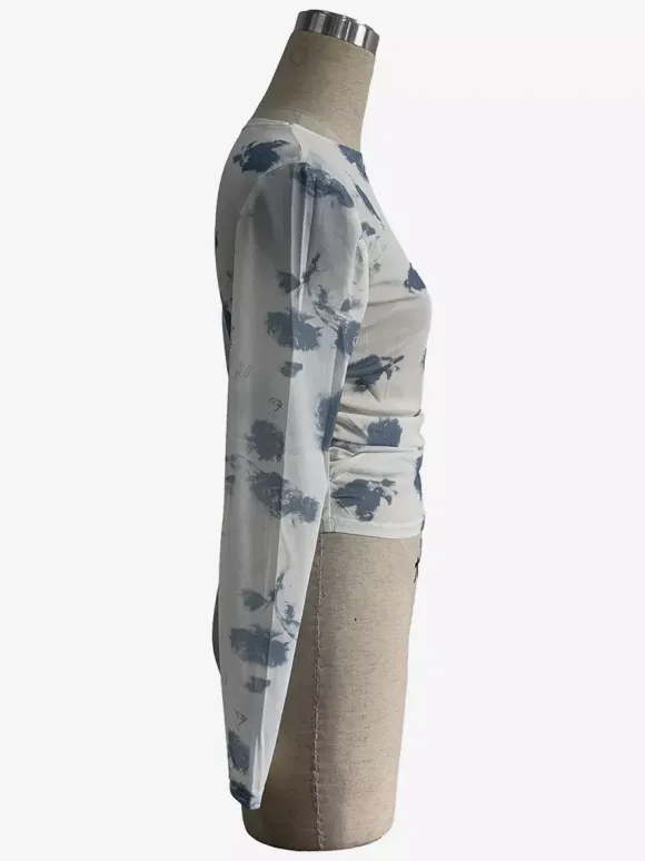 Smoky Floral Print Ruched Side Slim Fit Long Sleeve Skinny Top For Women 2026