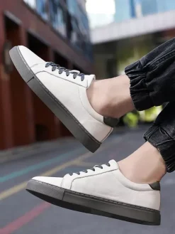 Sneakers For Men Fashion Leather Round Toe Basket Sport Shoes