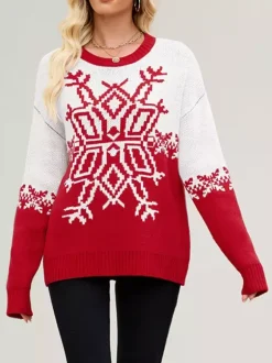 Snowflake Print Christmas Sweater Red White Knit Pullover For Women 2026