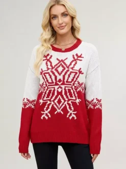 Snowflake Print Christmas Sweater Red White Knit Pullover For Women 2026