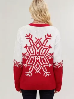 Snowflake Print Christmas Sweater Red White Knit Pullover For Women 2026
