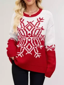Snowflake Print Christmas Sweater Red White Knit Pullover For Women 2026