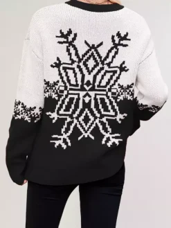 Snowflake Print Christmas Sweater Red White Knit Pullover For Women 2026