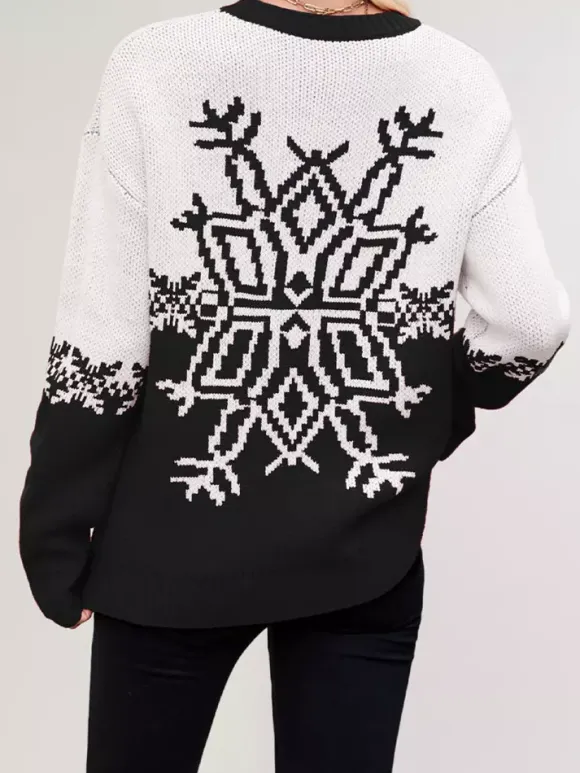 Snowflake Print Christmas Sweater Red White Knit Pullover For Women 2026