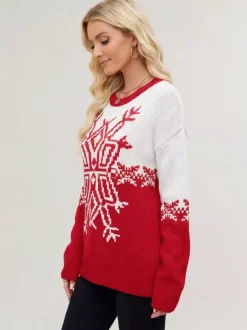 Snowflake Print Christmas Sweater Red White Knit Pullover For Women 2026