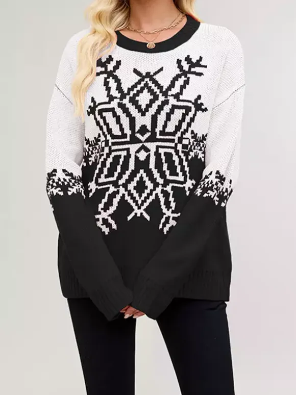 Snowflake Print Christmas Sweater Red White Knit Pullover For Women 2026