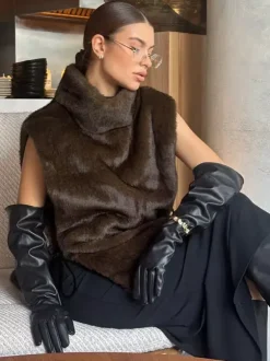 Soft Fuzzy Fur Vest Turtleneck Design Back Drawstring Slim Warm Waistcoat