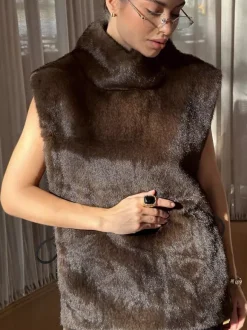 Soft Fuzzy Fur Vest Turtleneck Design Back Drawstring Slim Warm Waistcoat