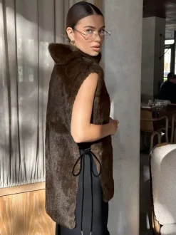 Soft Fuzzy Fur Vest Turtleneck Design Back Drawstring Slim Warm Waistcoat