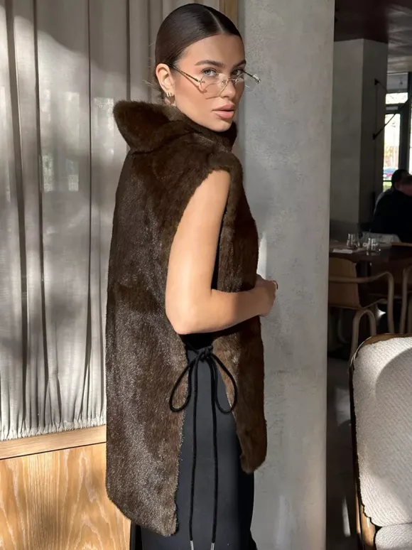 Soft Fuzzy Fur Vest Turtleneck Design Back Drawstring Slim Warm Waistcoat