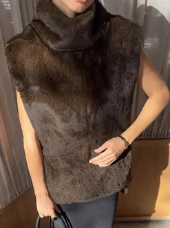 Soft Fuzzy Fur Vest Turtleneck Design Back Drawstring Slim Warm Waistcoat