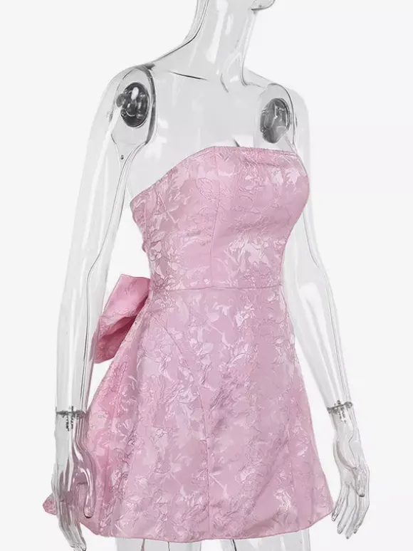 Soft Pink Floral Strapless Dress With Bowknot Birthday Party A-line Mini Dress For Women 2026