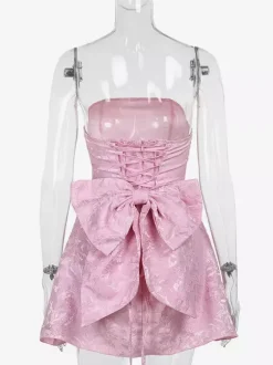 Soft Pink Floral Strapless Dress With Bowknot Birthday Party A-line Mini Dress For Women 2026