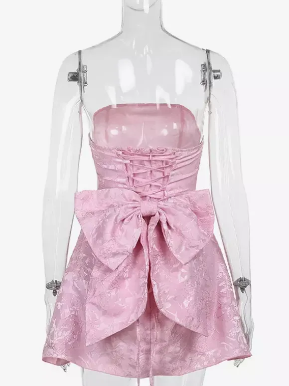 Soft Pink Floral Strapless Dress With Bowknot Birthday Party A-line Mini Dress For Women 2026