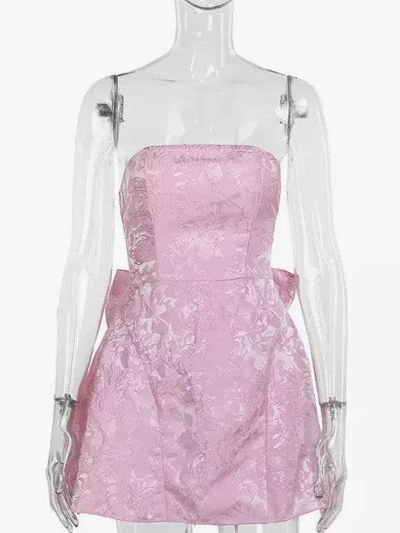 Soft Pink Floral Strapless Dress With Bowknot Birthday Party A-line Mini Dress For Women 2026
