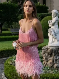Soft Pink Mini Sundress Spaghetti Straps Tassel Feather Hem Birthday Party Dress