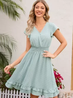 Soft Pink Ruffled Hem V-neck Midi Dress With Shirred Waist 2026