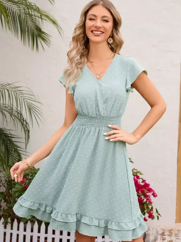 Soft Pink Ruffled Hem V-neck Midi Dress With Shirred Waist 2026