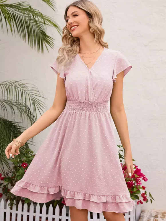 Soft Pink Ruffled Hem V-neck Midi Dress With Shirred Waist 2026