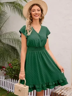 Soft Pink Ruffled Hem V-neck Midi Dress With Shirred Waist 2026