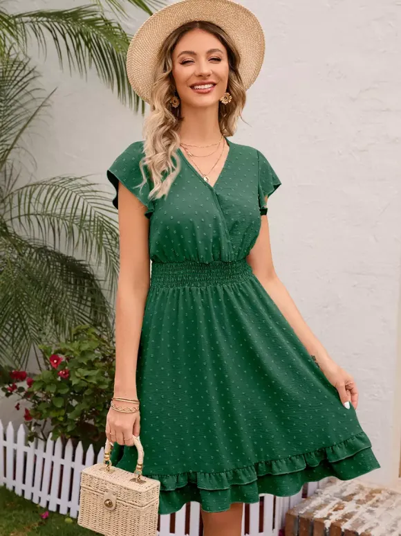 Soft Pink Ruffled Hem V-neck Midi Dress With Shirred Waist 2026