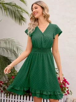 Soft Pink Ruffled Hem V-neck Midi Dress With Shirred Waist 2026
